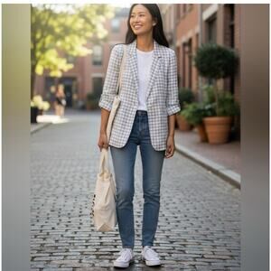 Cynthia Rowley Blazer Womens Medium Relaxed Fit Linen Gingham Roll Tab Sleeves